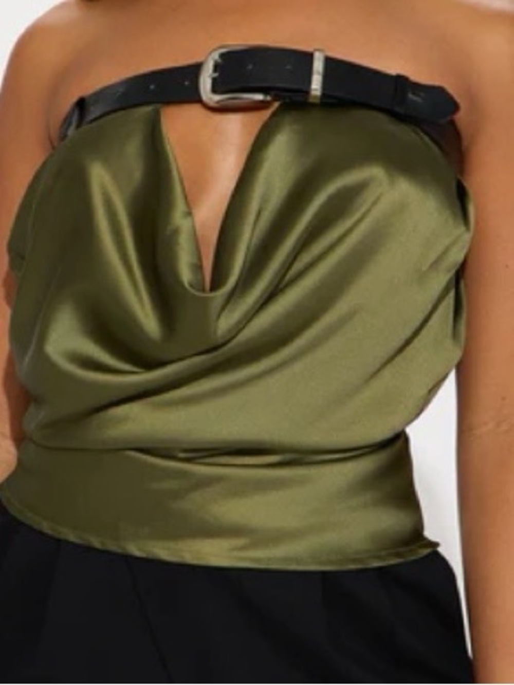 Fashion Nova Olive Green Satin Strapless Drape Top with Black Belt